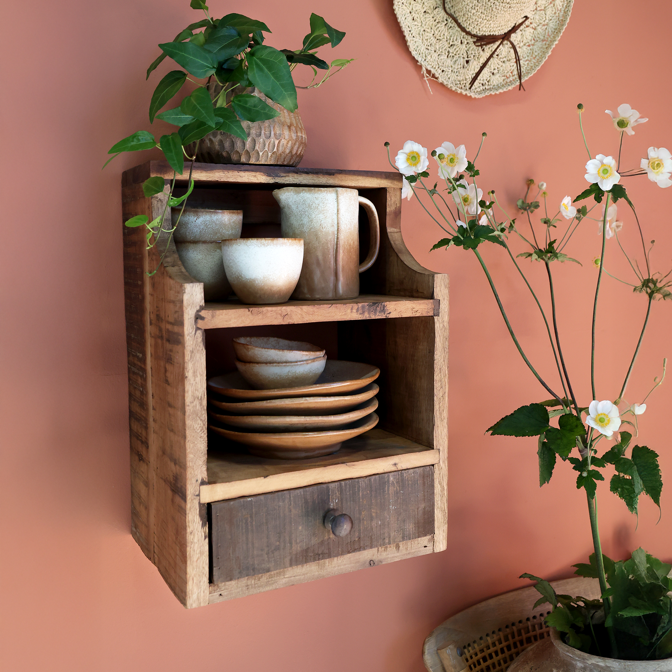 Grimaud Wall Cabinet - Wall Cabinet - 2 shelves and 1 drawer - H43/L30/W23 cm - Natural