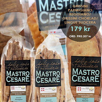 Mastro Cesare tre snacks, Grissini Parmigiano, Grissini Choklad, Lingue Suocera Naturell