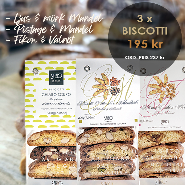 Sfizio italienska Biscotti x 3, Ljus & Mörk Mandel, Pistage & Mandel, Fikon & Valnöt