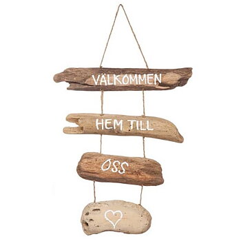 Välkommen - skylt i drivved
