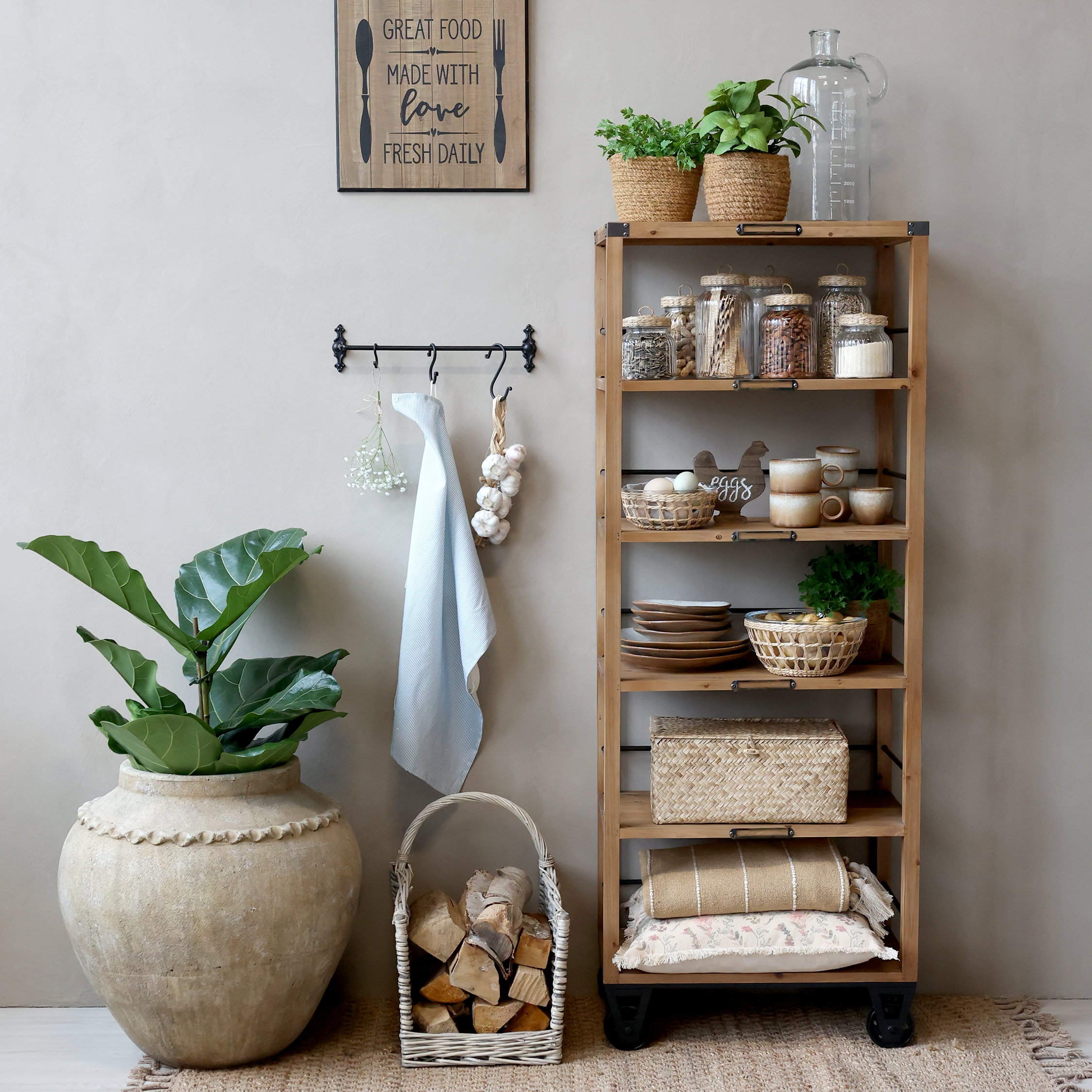 Bokhylla med 5 hyllplan - Hylla på hjul - H157/L59,5/B35,5 cm - Natur - 3