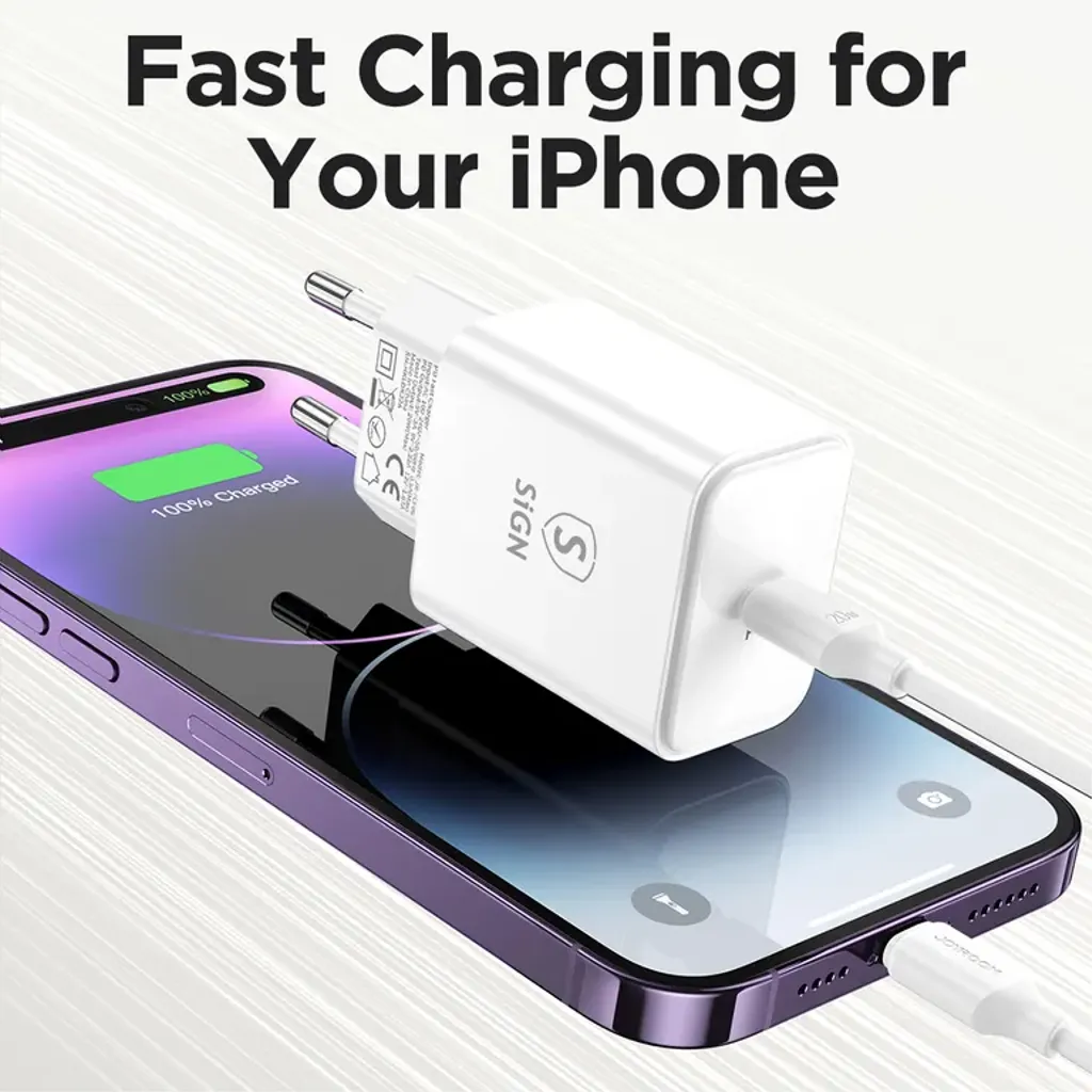 SiGN iPhone USB-C PD Snabbladdare 20W med  USB-C till Lightning kabel, 2m - Vit - 2
