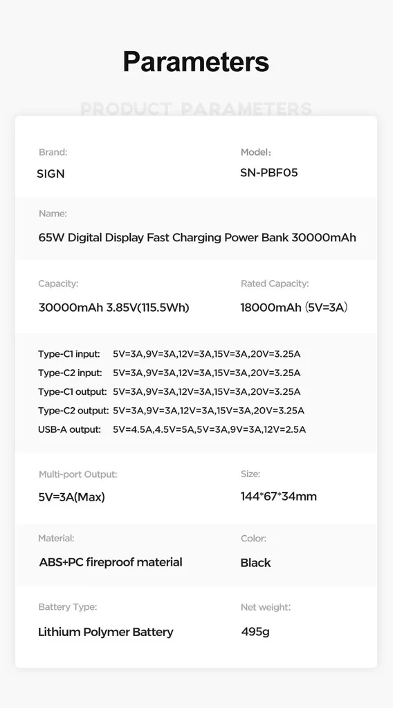 SiGN 65W 30000mAh Snabbladdning Powerbank LED-skärm PD QC för telefon och bärbar dator - Svart - 11