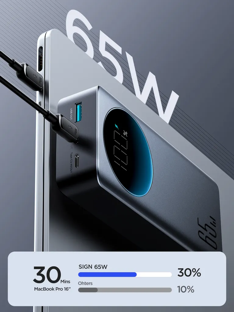 SiGN 65W 30000mAh Snabbladdning Powerbank LED-skärm PD QC för telefon och bärbar dator - Svart - 8