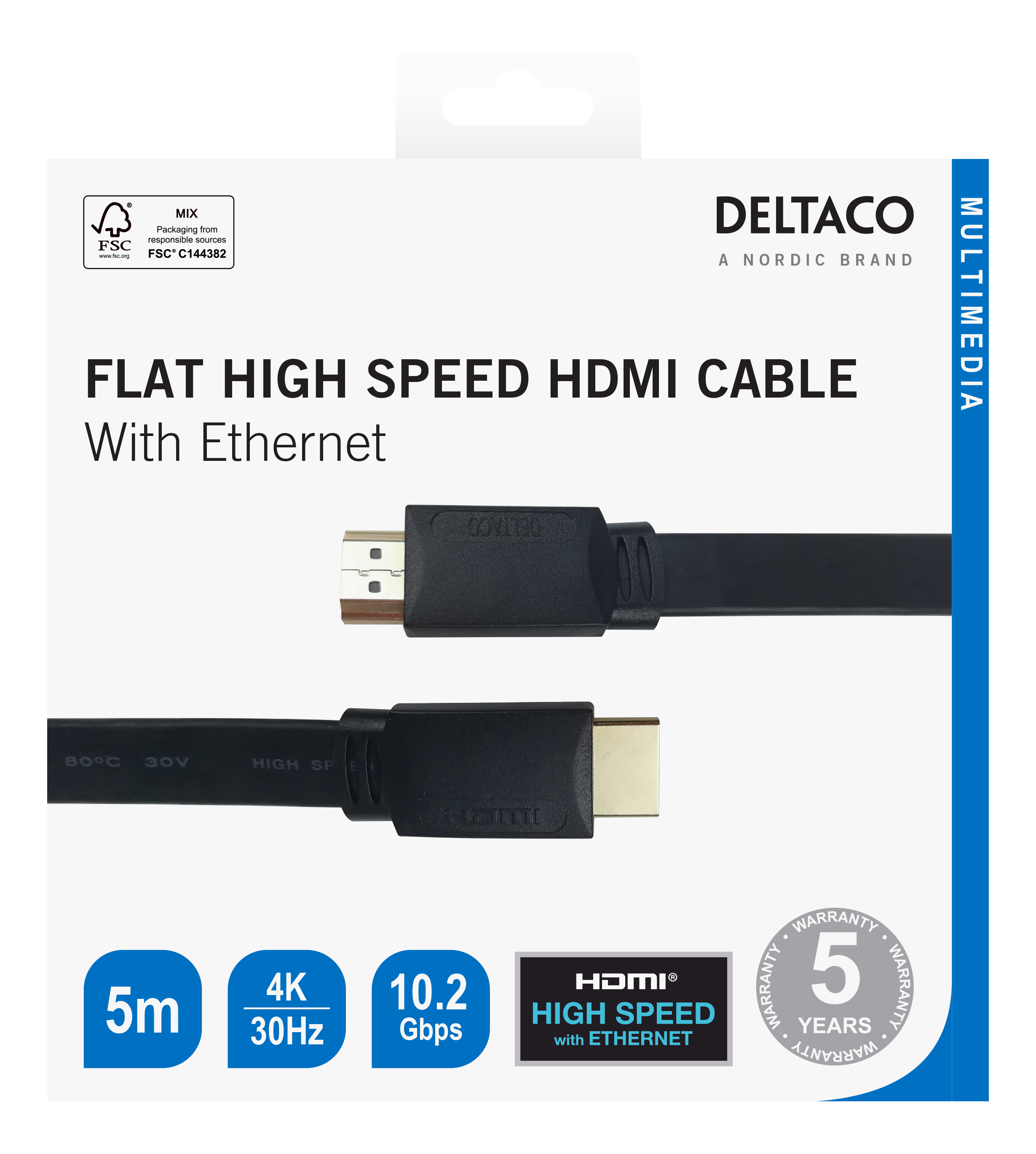 Deltaco HDMI-kabel, 5m, 4K, 3D, flat, svart - 3