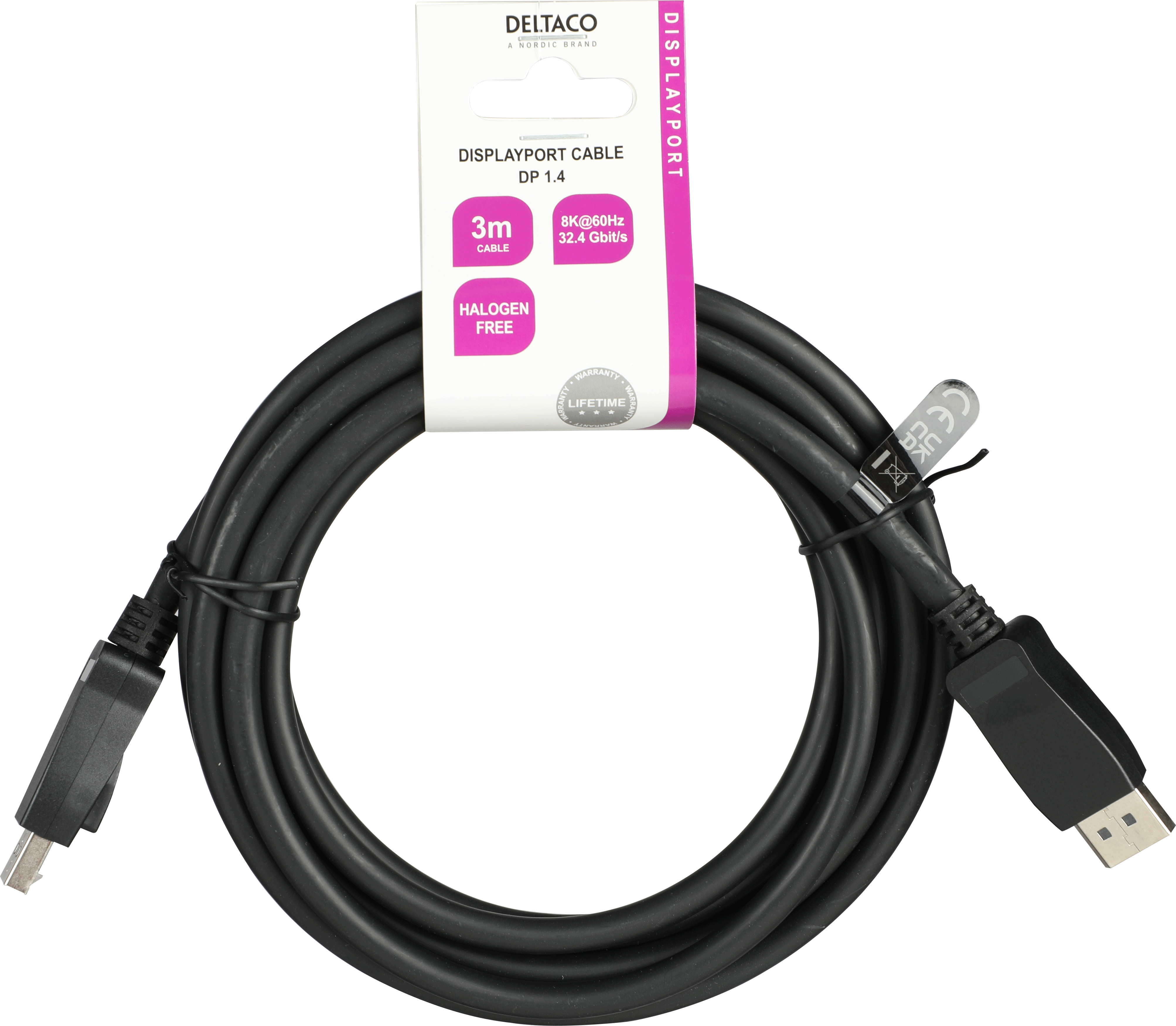 Deltaco DisplayPort kabel, DP 1.4, 8K@30Hz, LSZH, 3m, svart - 3