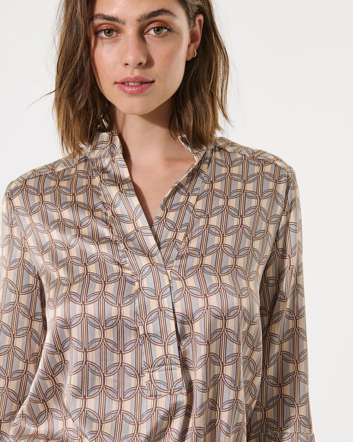 Sidenblus Danitta beige/blå mönstrad