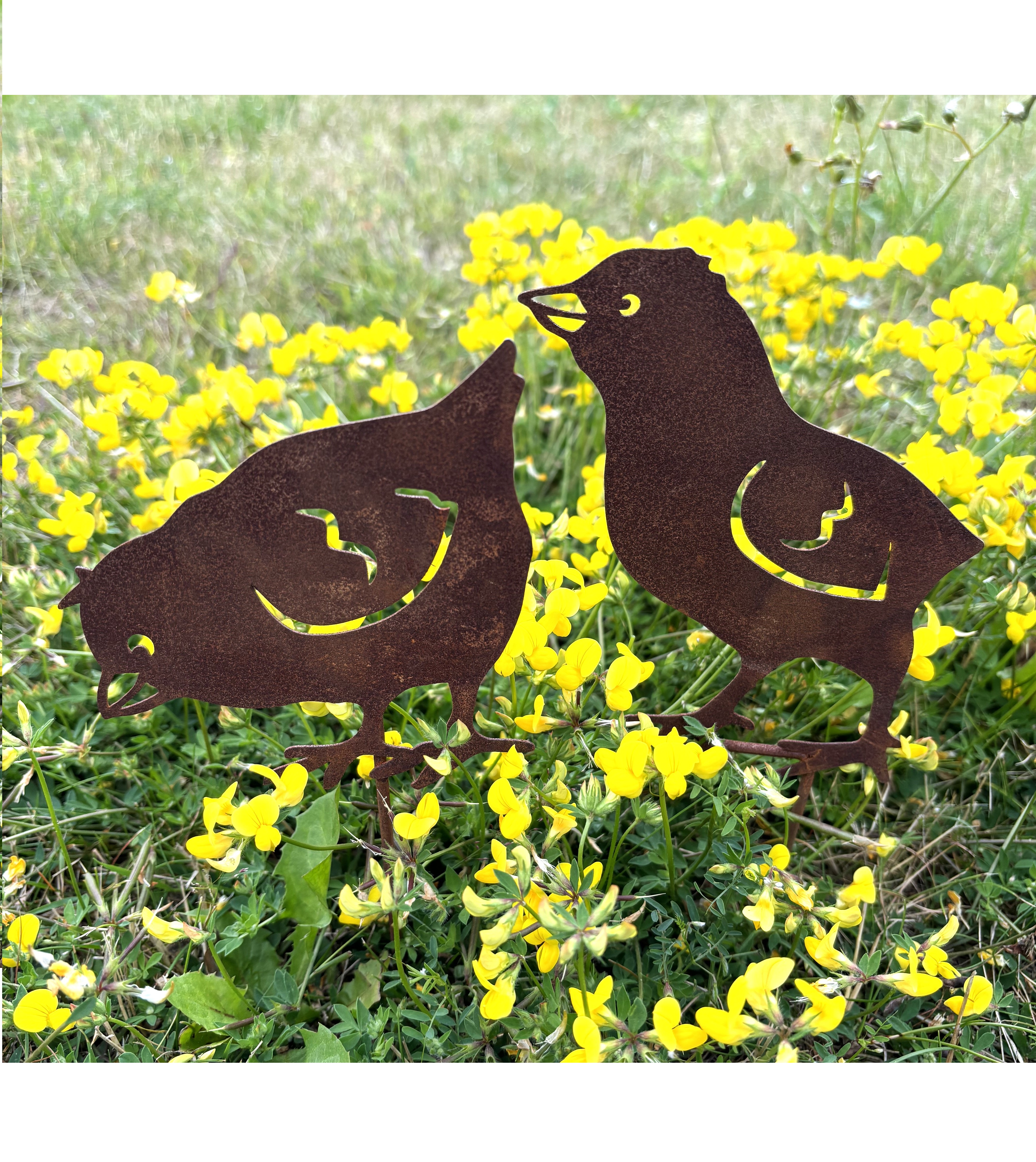 2 st Kycklingar i rostig plåt 23 / 13 cm. Sticks