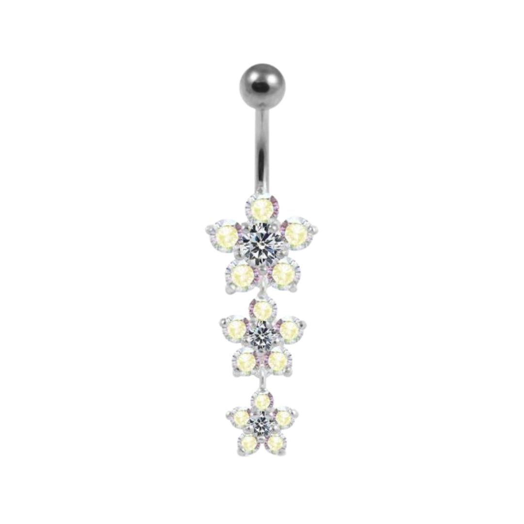 Navel piercing - flowers with rainbow shimmering crystals
