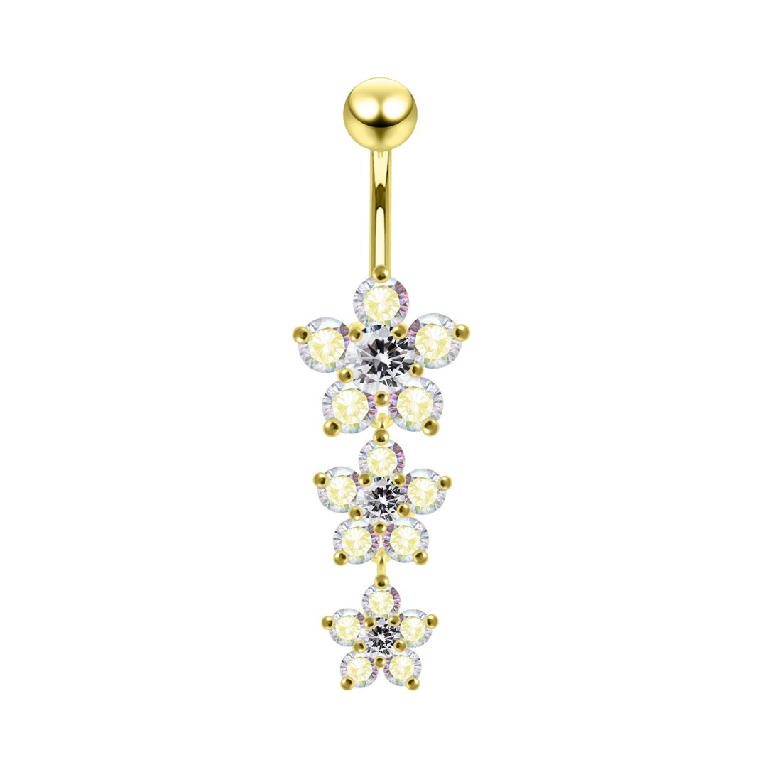Navel piercing - flowers with rainbow shimmering crystals - 18K gold PVD