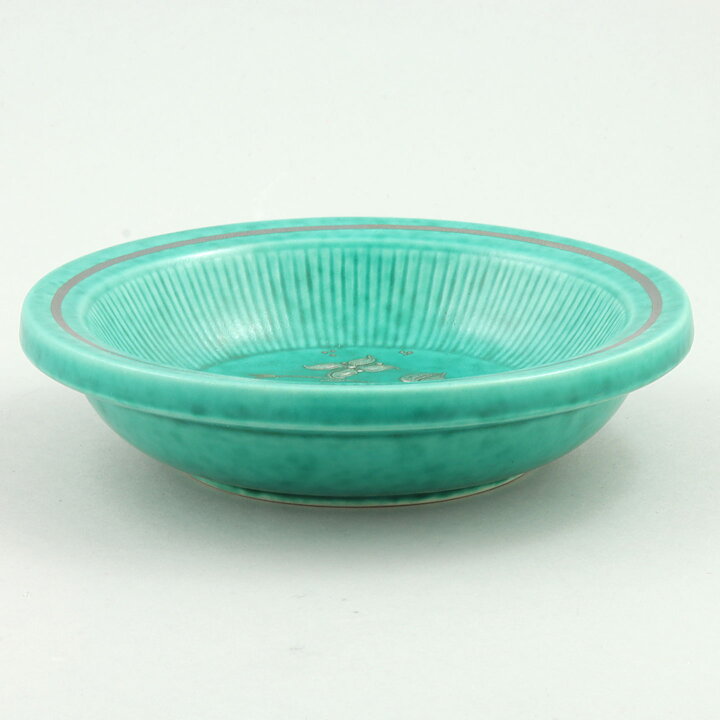 Wilhelm Kåge (Argenta 1959) Green Bowl with Silver Flower Motif 16 cm (2)