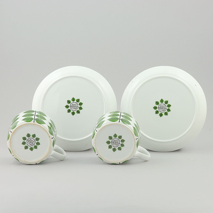 Stig Lindberg (Berså 1961) Two Teacups with Green Leaf Decor 11,5 cm (3)