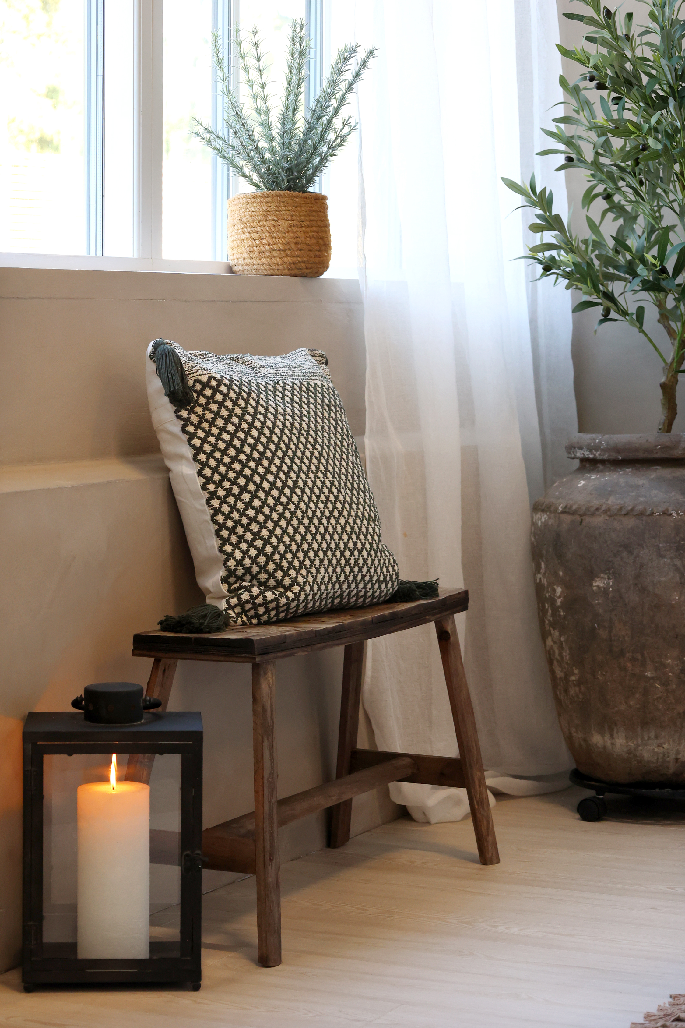 Bänk med mönster på sits - H45/L80/B24 cm - Natur - 10