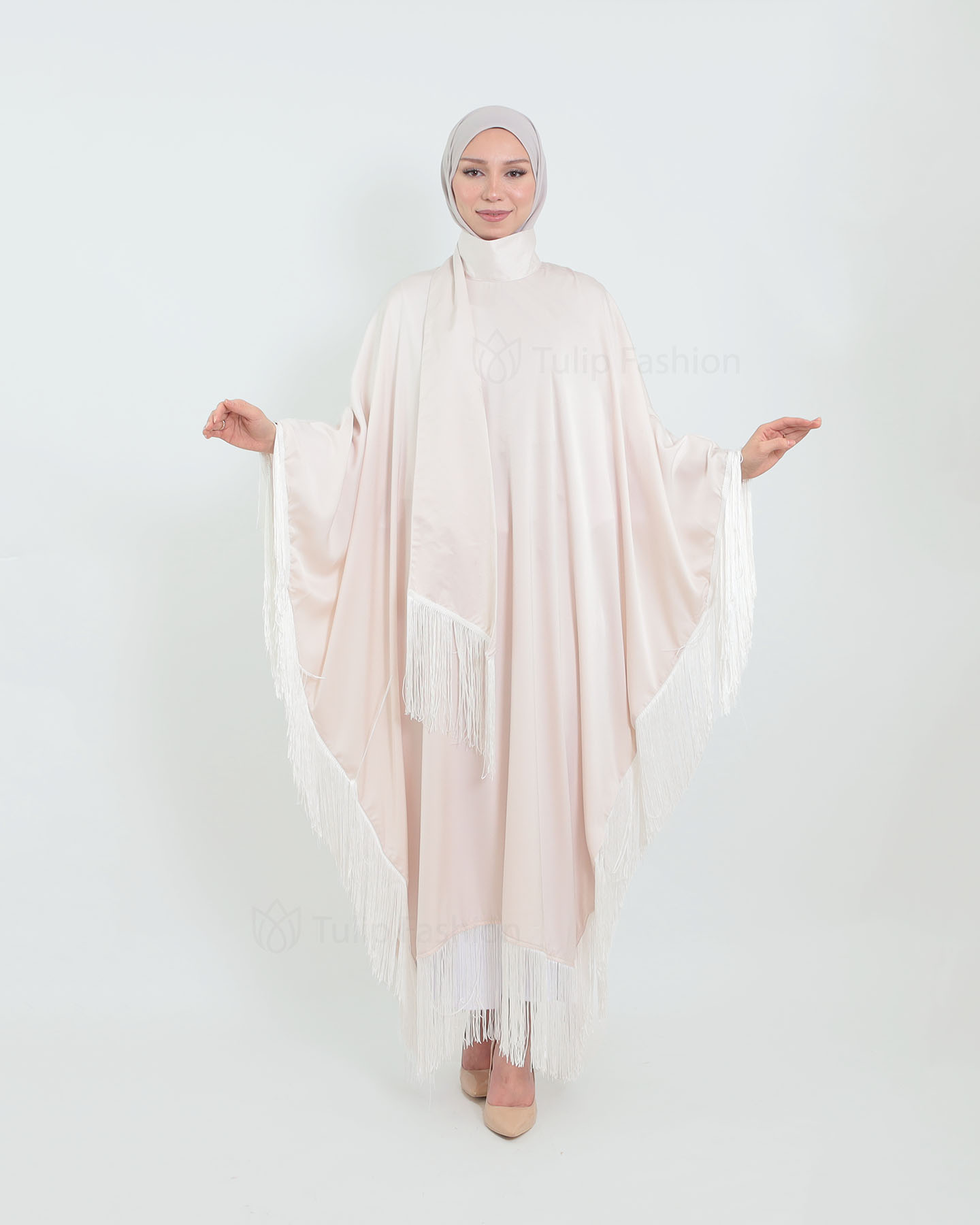 Butterfly Abaya with Tassels - Light Beige - 2