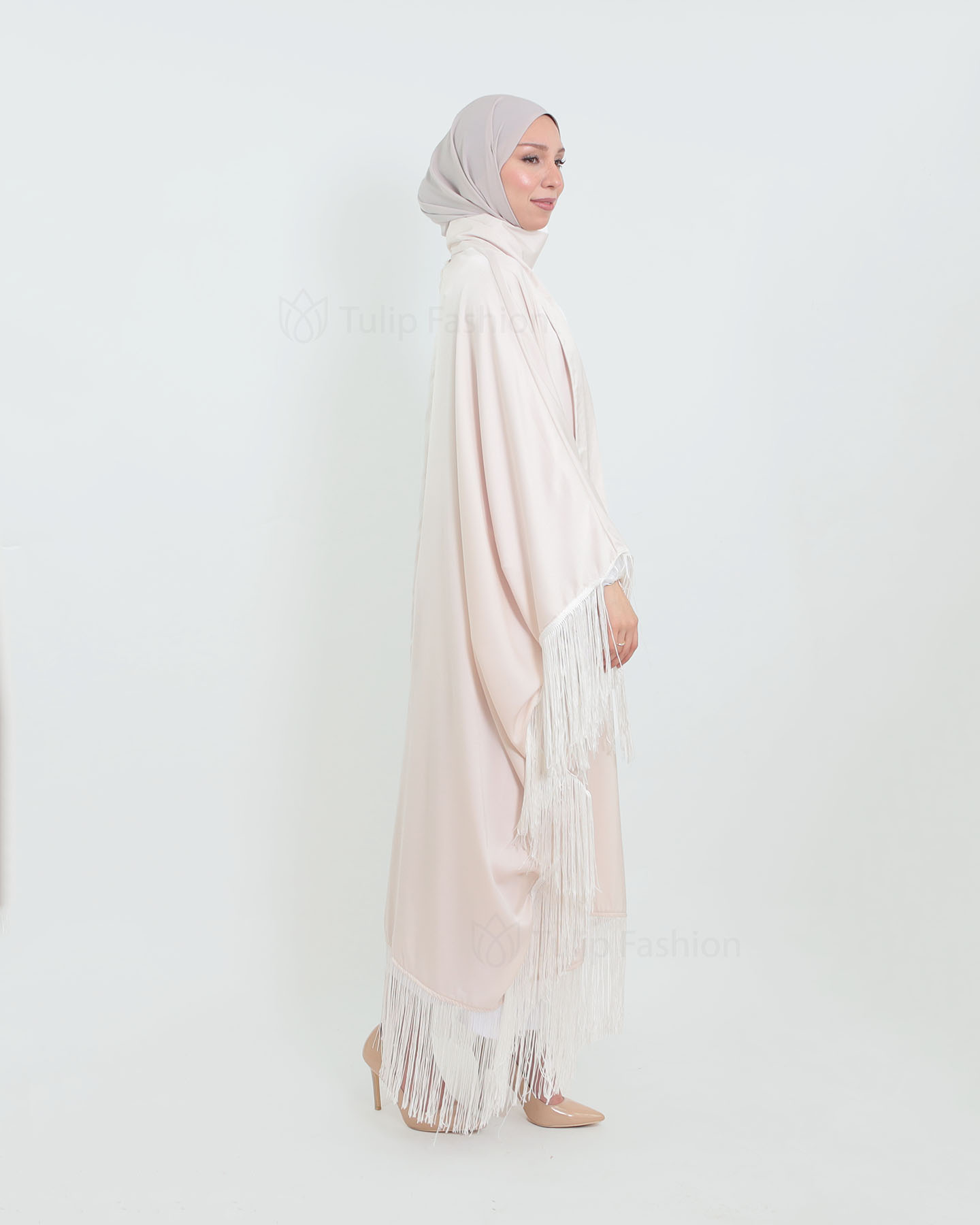 Butterfly Abaya with Tassels - Light Beige - 3