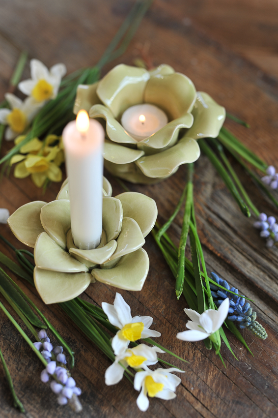 Candle holder - Flower - Light green - Tealight - Porcelain - Ø12 x 8 cm - 2