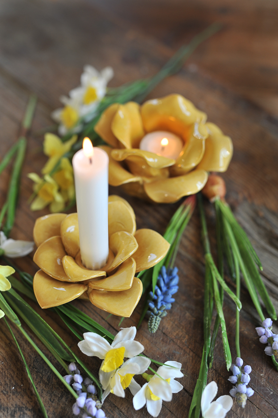 Ljusstake - Blomma - Gul - Kronljus - Porslin - Ø10 x 5 cm - 2
