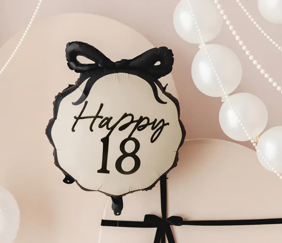 Folieballong - "Happy 18" - Svart rosett