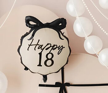 Folieballong - "Happy 18" - Svart rosett
