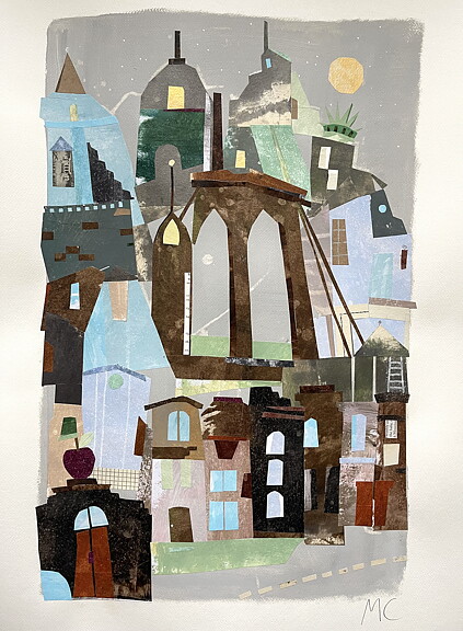 Collage "New York, The Bridge" av Maria C Bernhardsson. Orginal utan ram. 70x50cm.