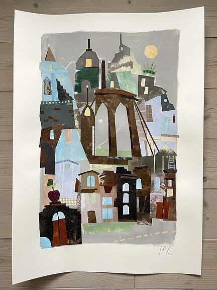Collage "New York, The Bridge" av Maria C Bernhardsson. Orginal utan ram. 70x50cm.