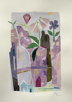 Collage "Stad i lila" av Maria C Bernhardsson. Orginal utan ram. 
