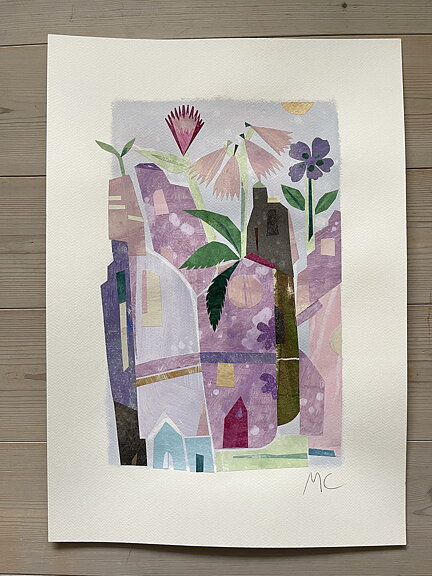 Collage "Stad i lila" av Maria C Bernhardsson. Orginal utan ram. 