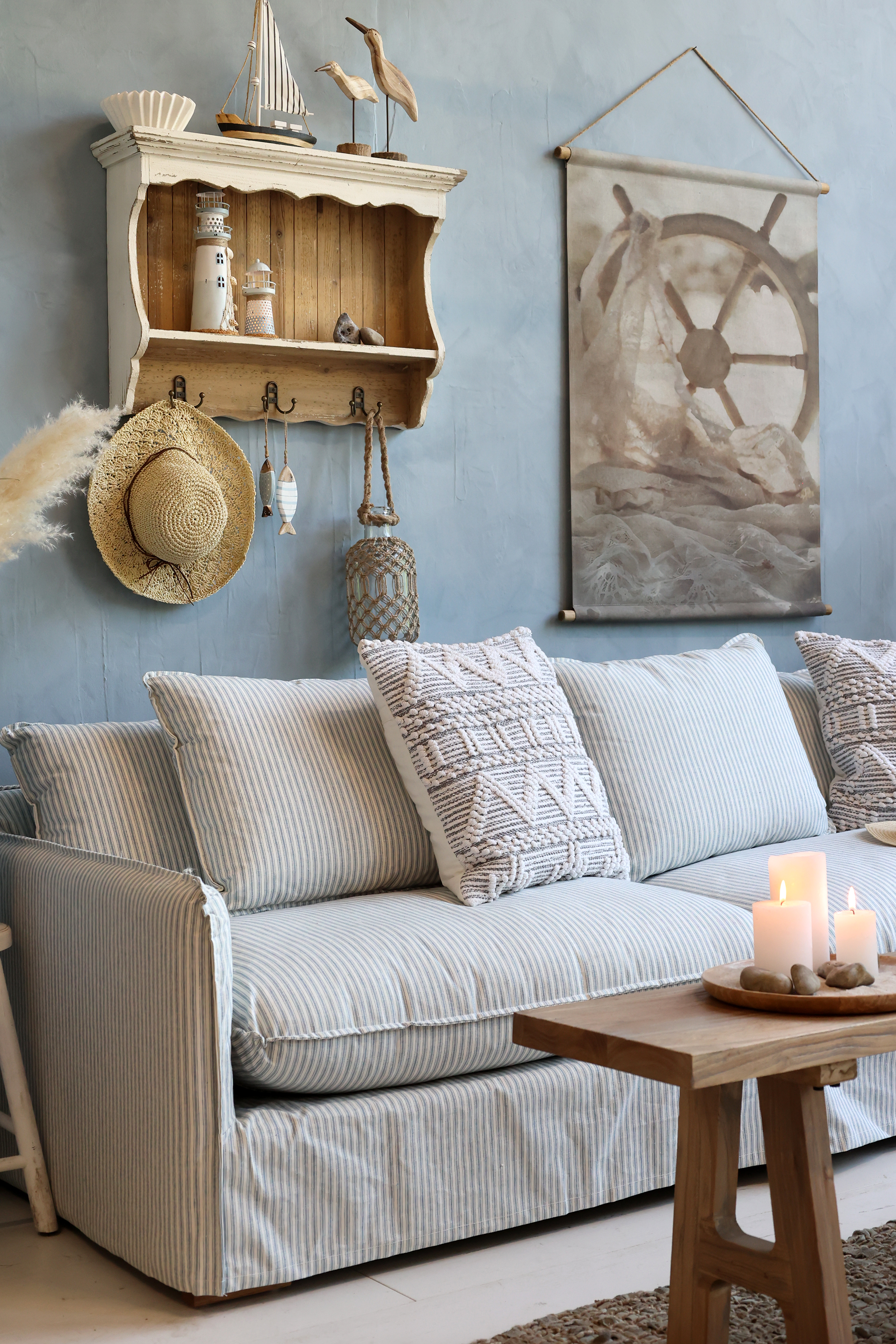 Malo sofa in linen with 5 cushions - Sofa - H75/L220/W95 cm - Sky blue and cream stripes - 4