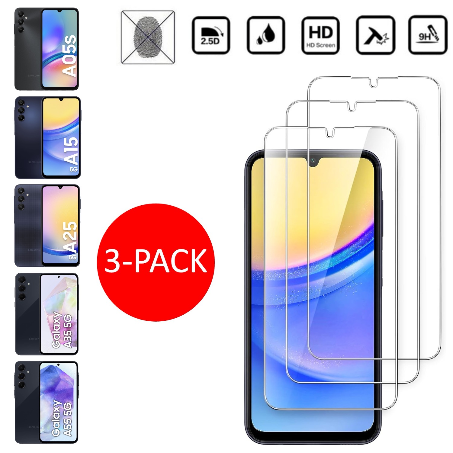 3-pack Samsung Galaxy A05s/A15/A25/A35/A55 skärmskydd Premium -