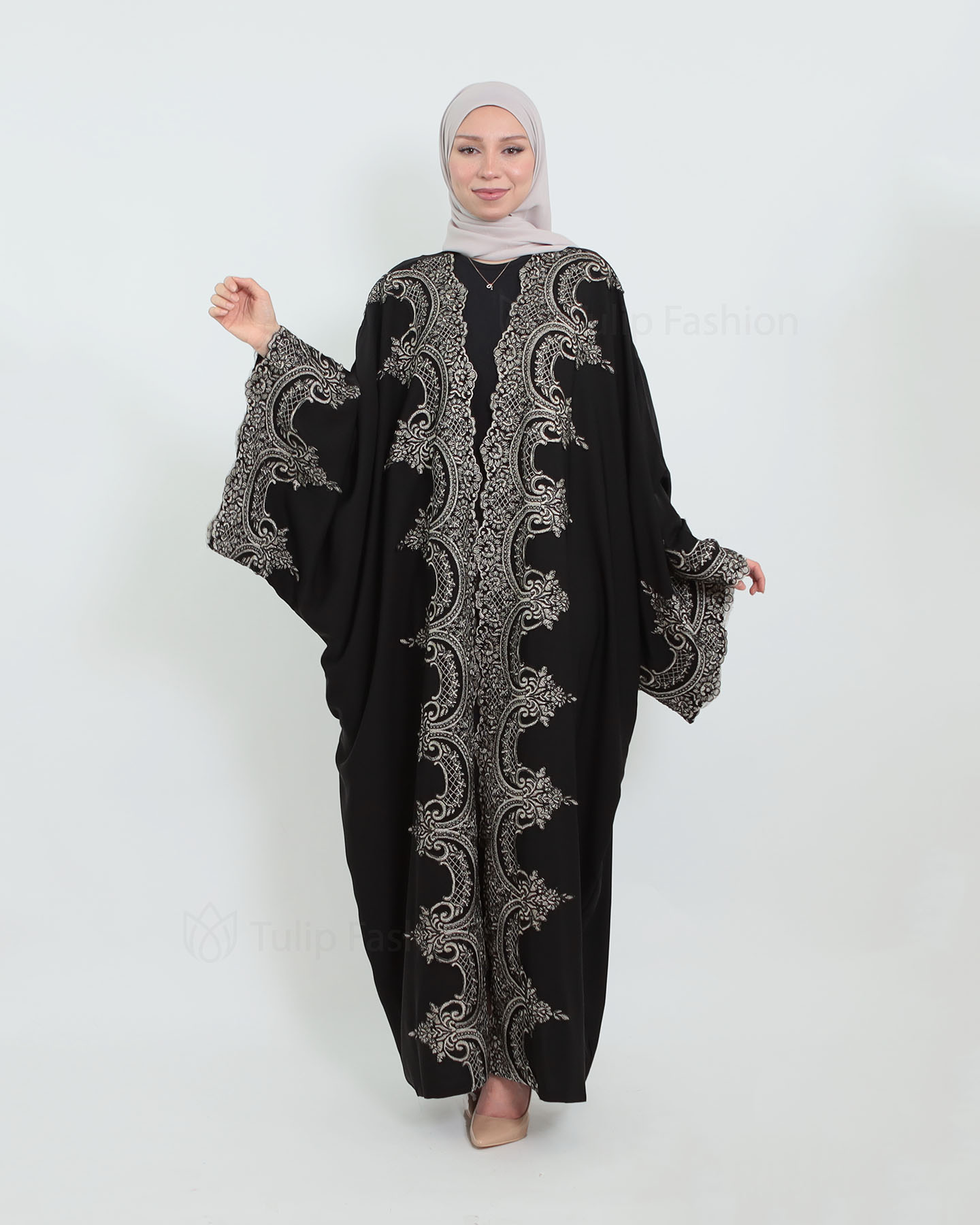 Open Abaya with Lace Embroidery - Black