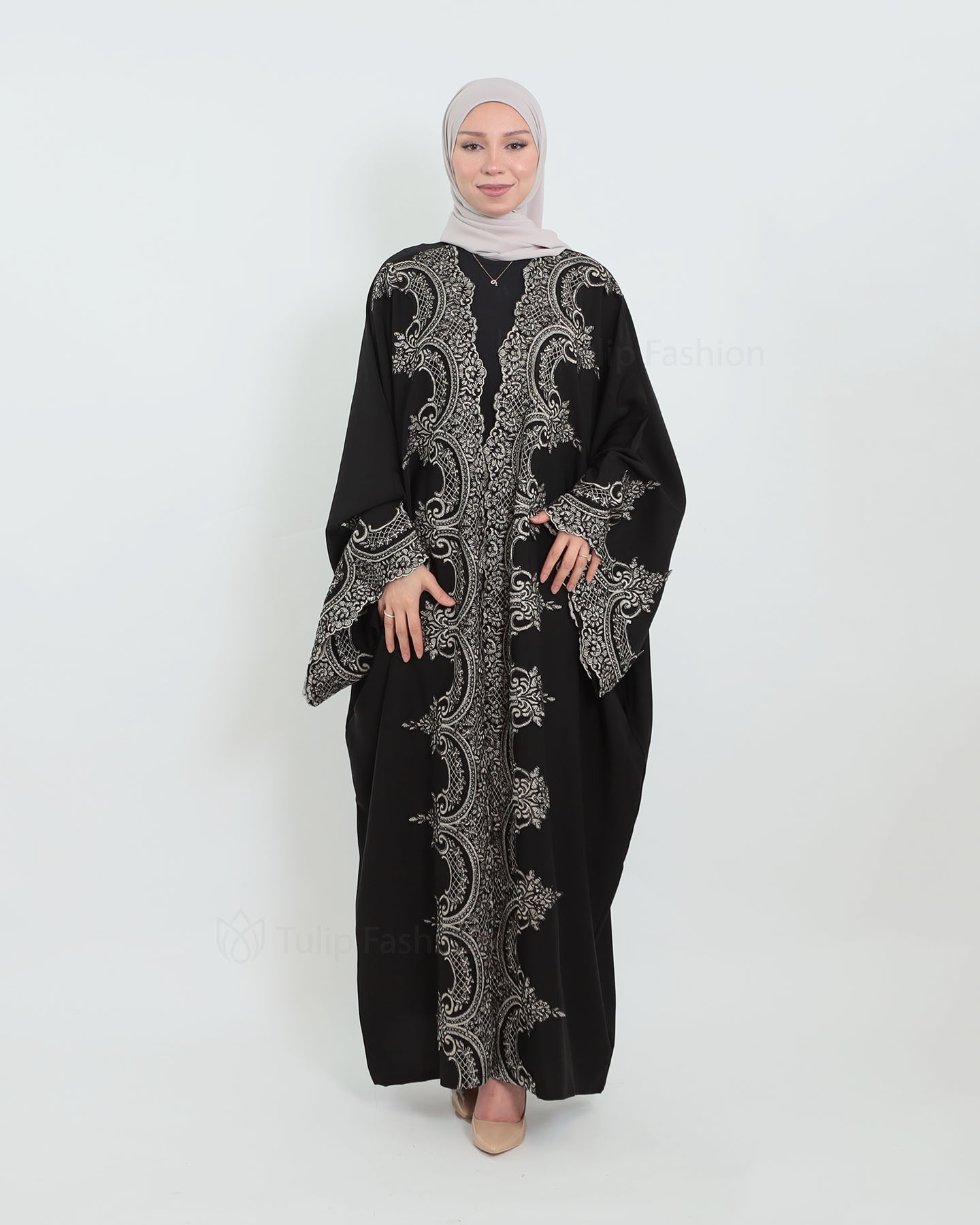 Open Abaya with Lace Embroidery - Black - 4