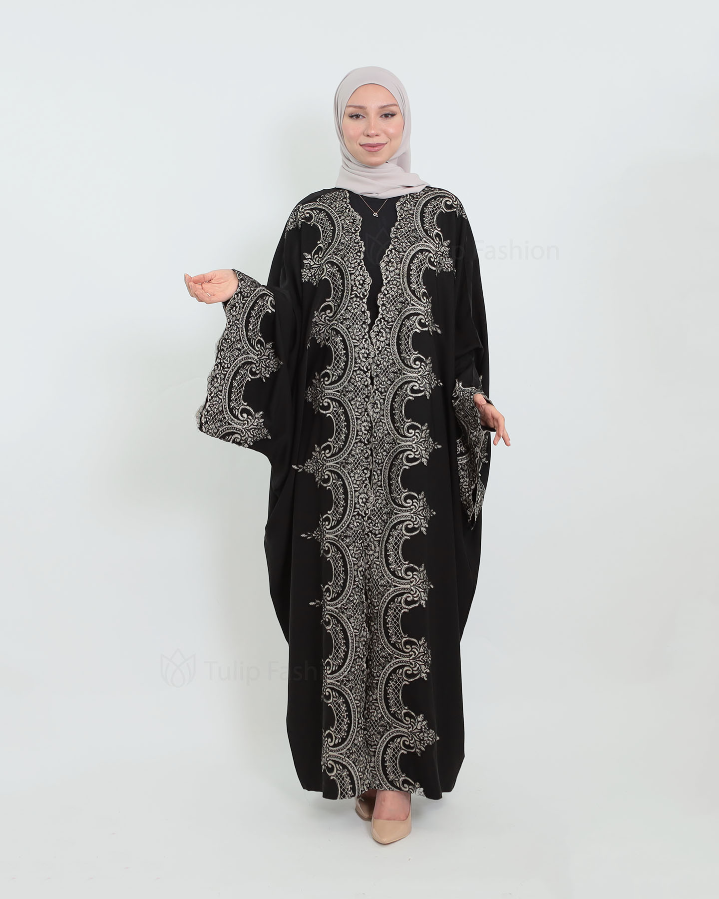 Open Abaya with Lace Embroidery - Black - 3