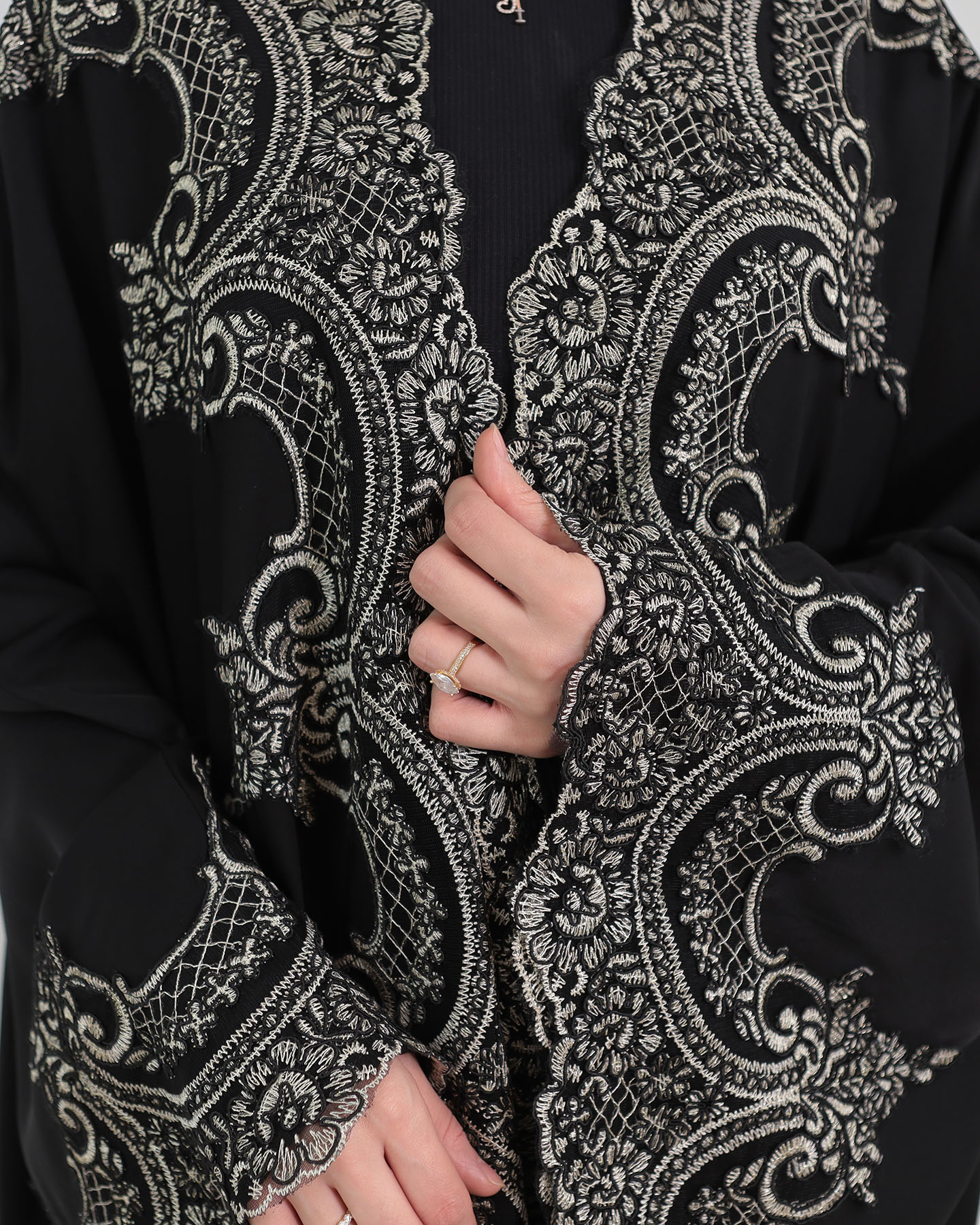 Open Abaya with Lace Embroidery - Black - 2