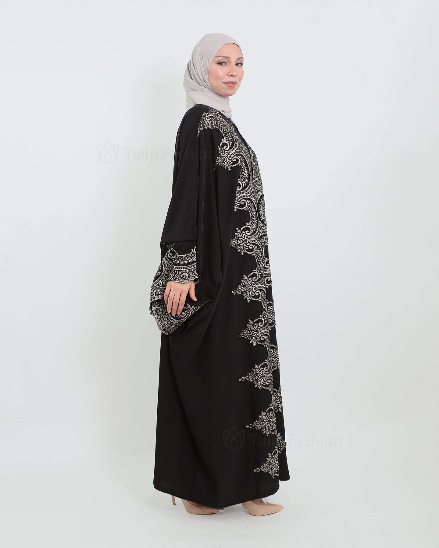 Open Abaya with Lace Embroidery - Black - 5