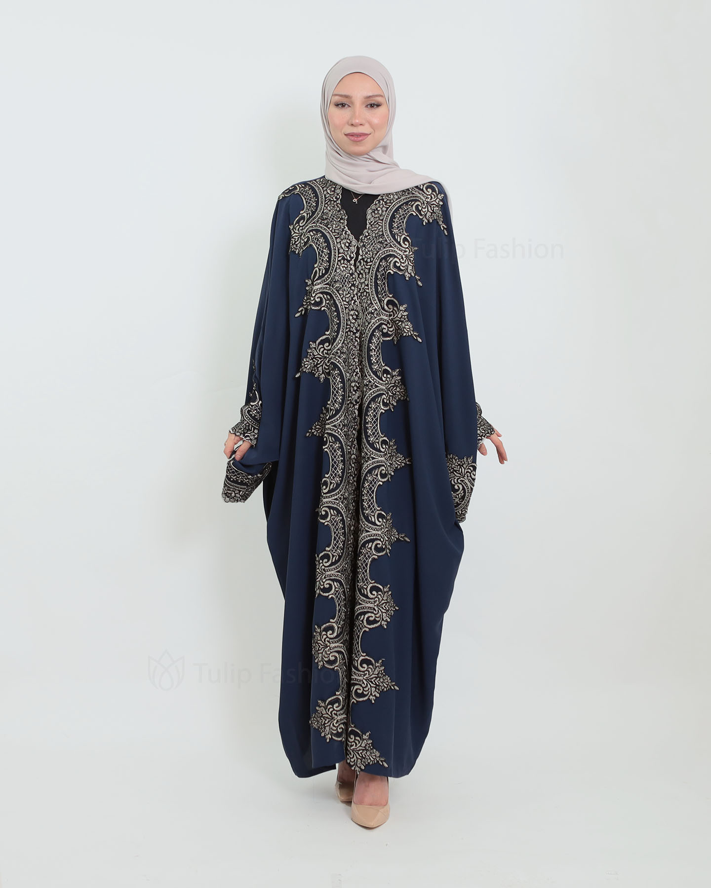 Open Abaya with Lace Embroidery - Midnight Blue - 2