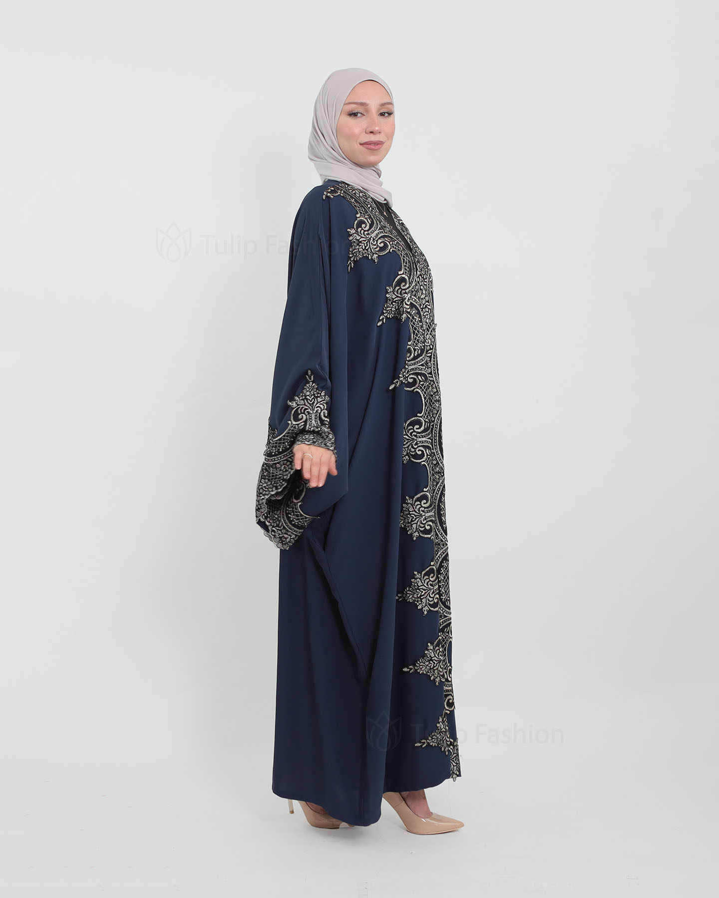 Open Abaya with Lace Embroidery - Midnight Blue - 4