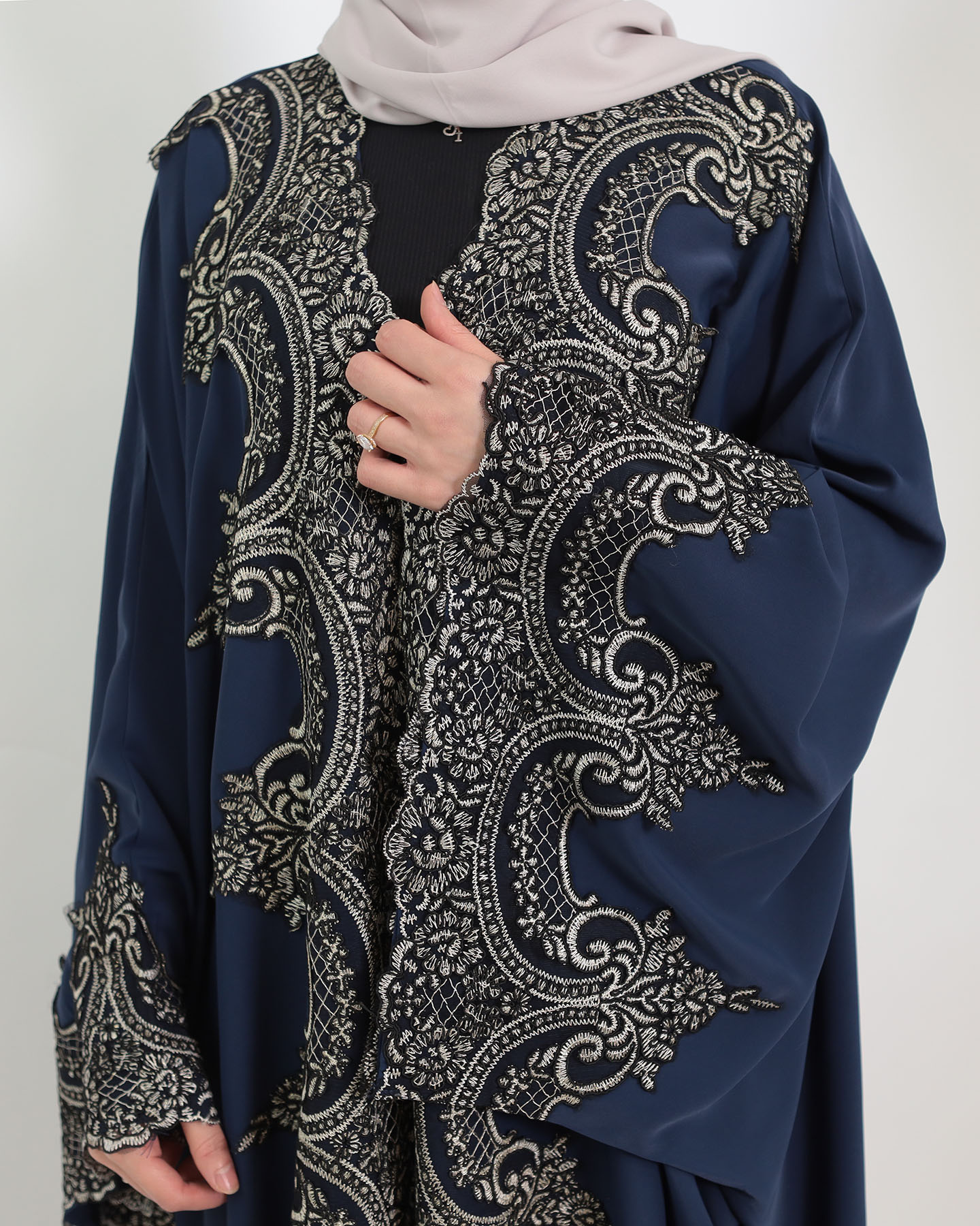 Open Abaya with Lace Embroidery - Midnight Blue - 5