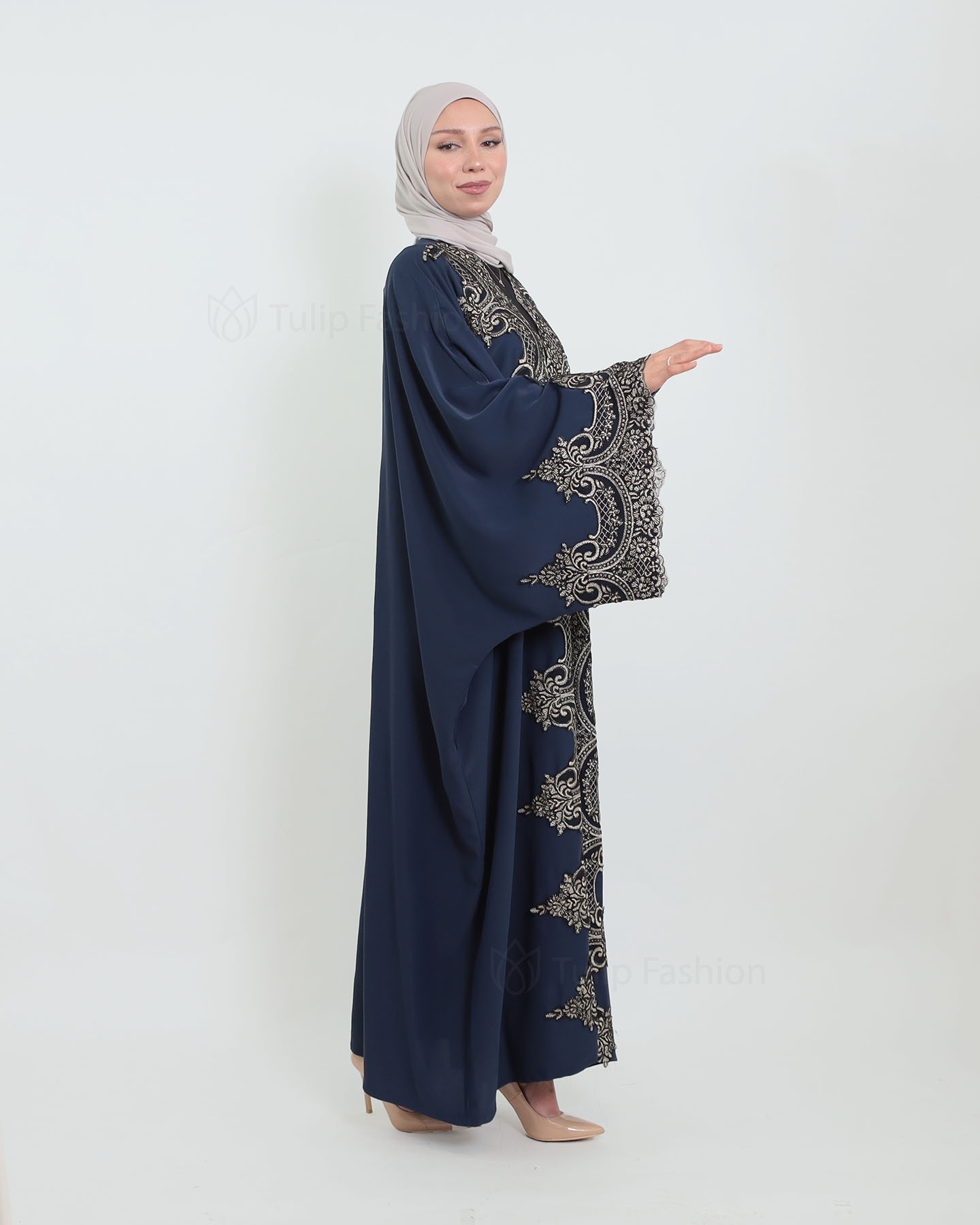 Open Abaya with Lace Embroidery - Midnight Blue - 3