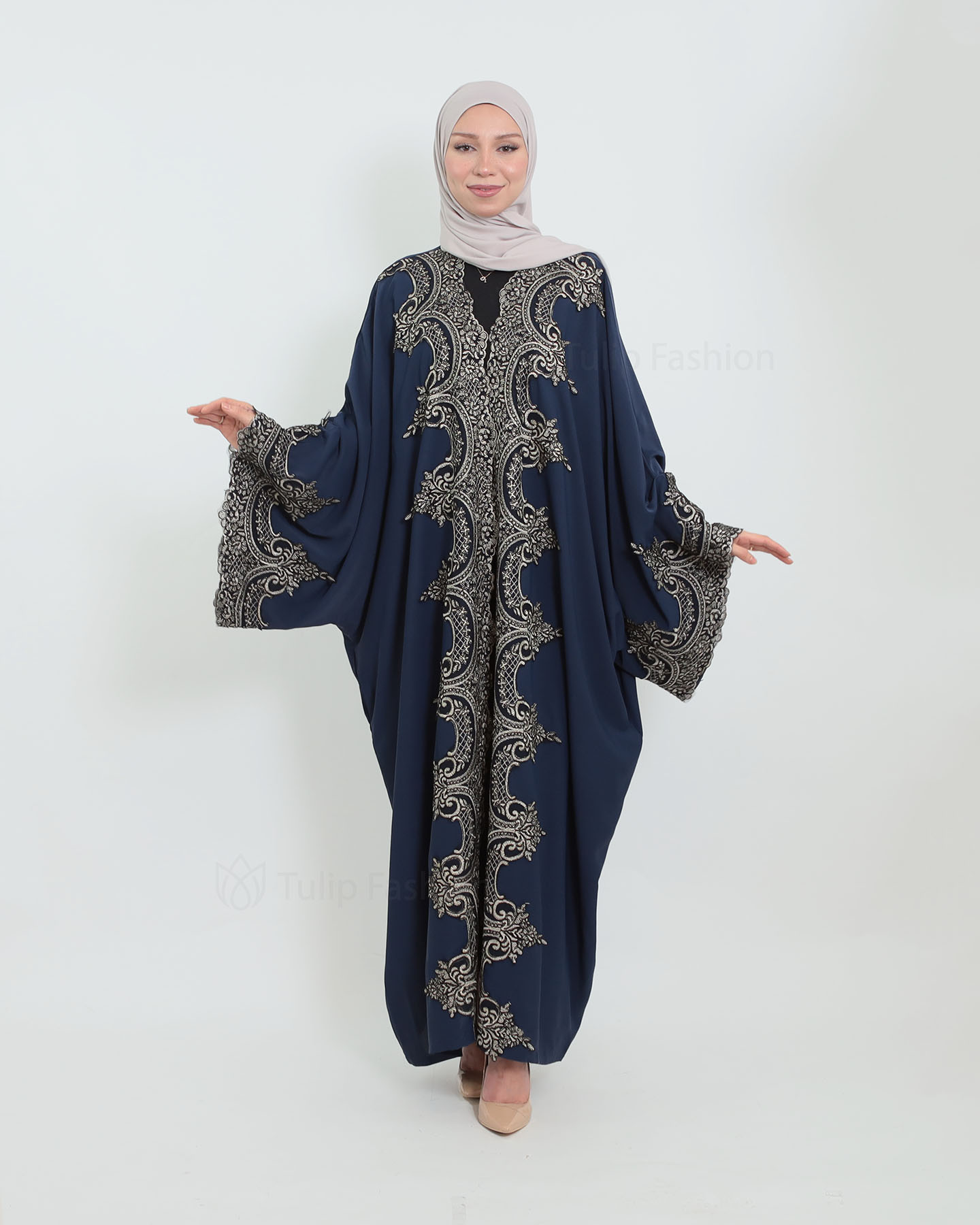 Open Abaya with Lace Embroidery - Midnight Blue