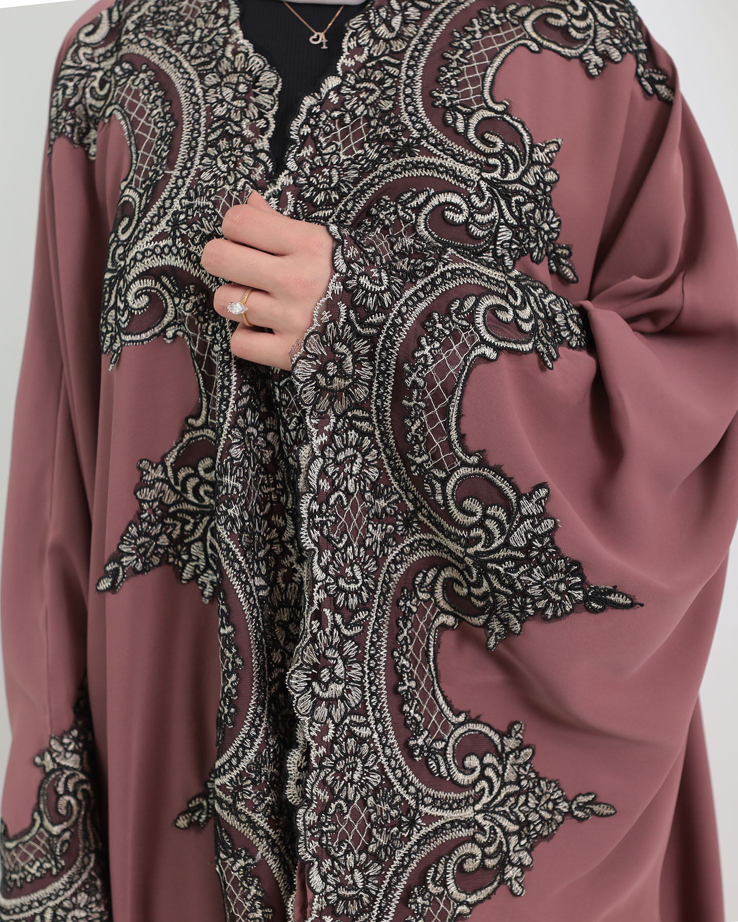 Open Abaya with Lace Embroidery - Purple - 5