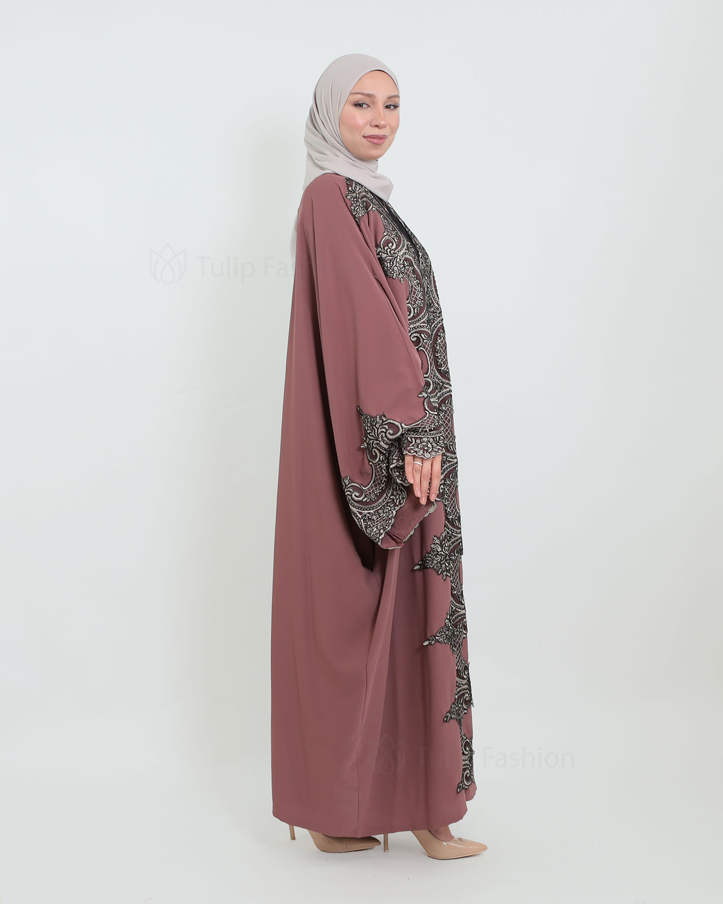 Open Abaya with Lace Embroidery - Purple - 4