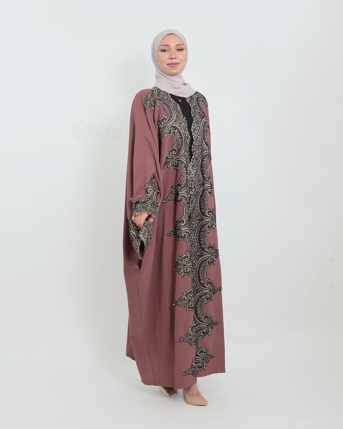Open Abaya with Lace Embroidery - Purple - 3