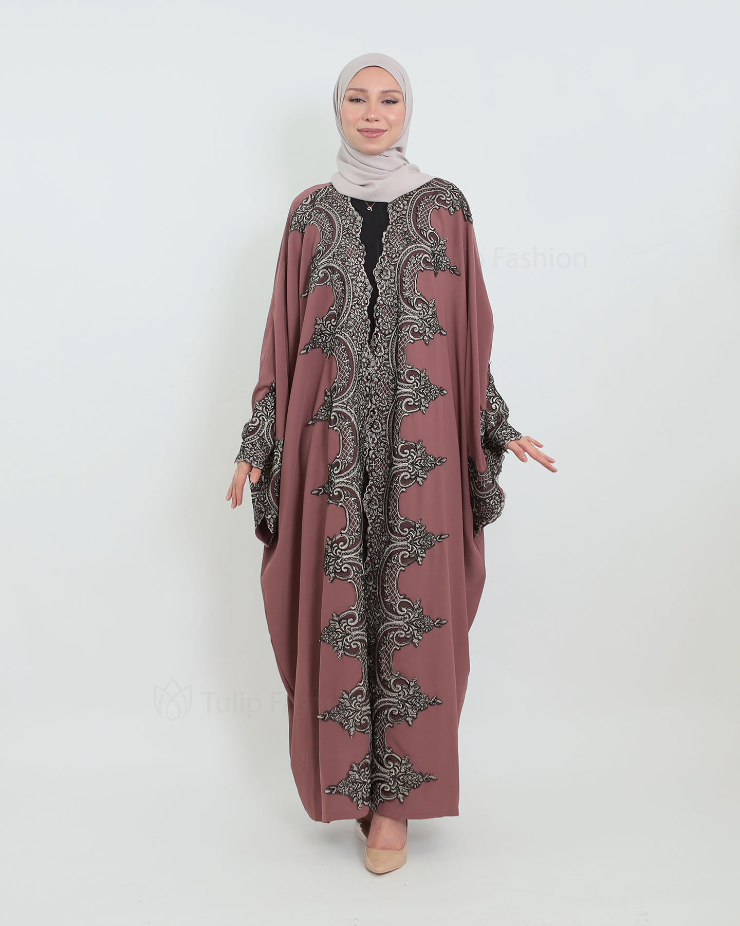 Open Abaya with Lace Embroidery - Purple - 2