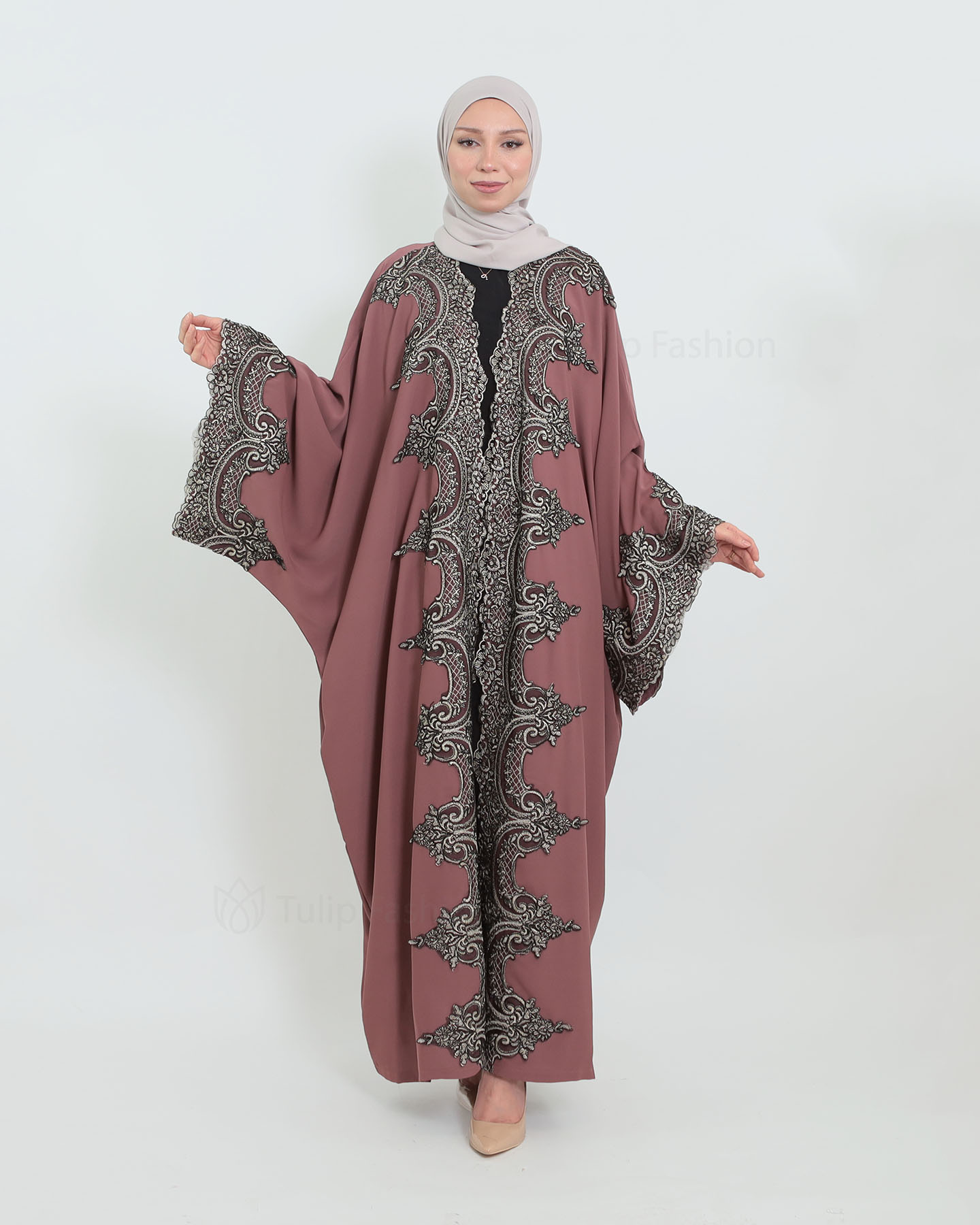 Open Abaya with Lace Embroidery - Purple
