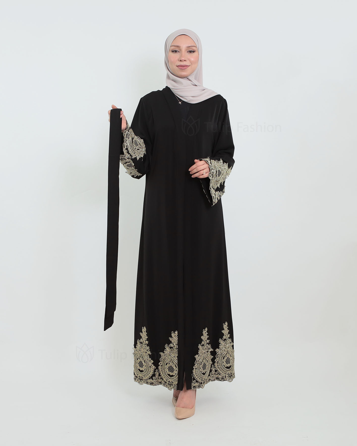 Open Abaya with Lace Embroidery - Black - 5