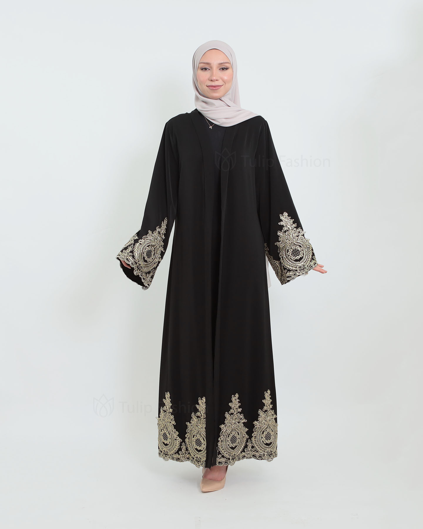 Open Abaya with Lace Embroidery - Black - 6