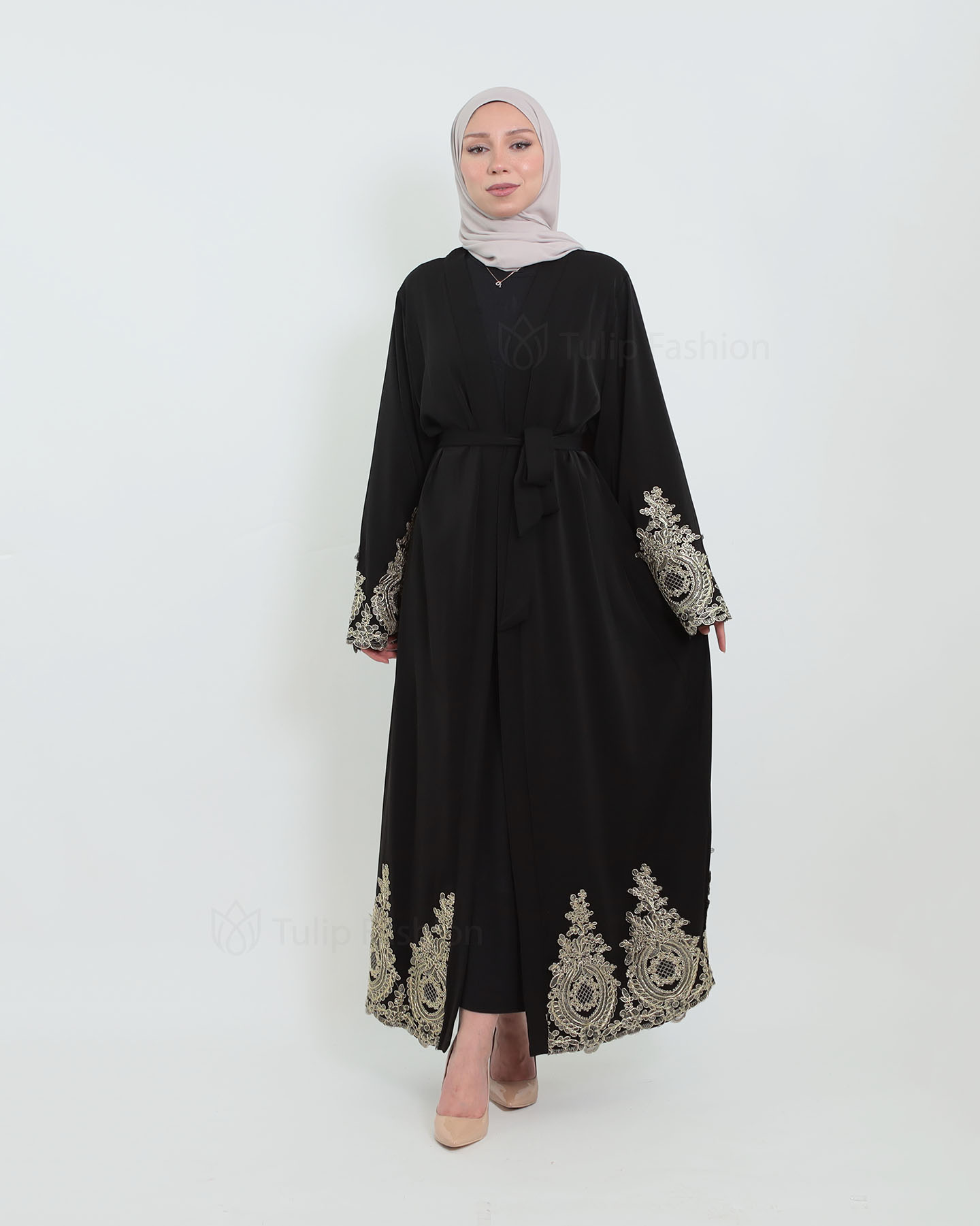 Open Abaya with Lace Embroidery - Black - 3