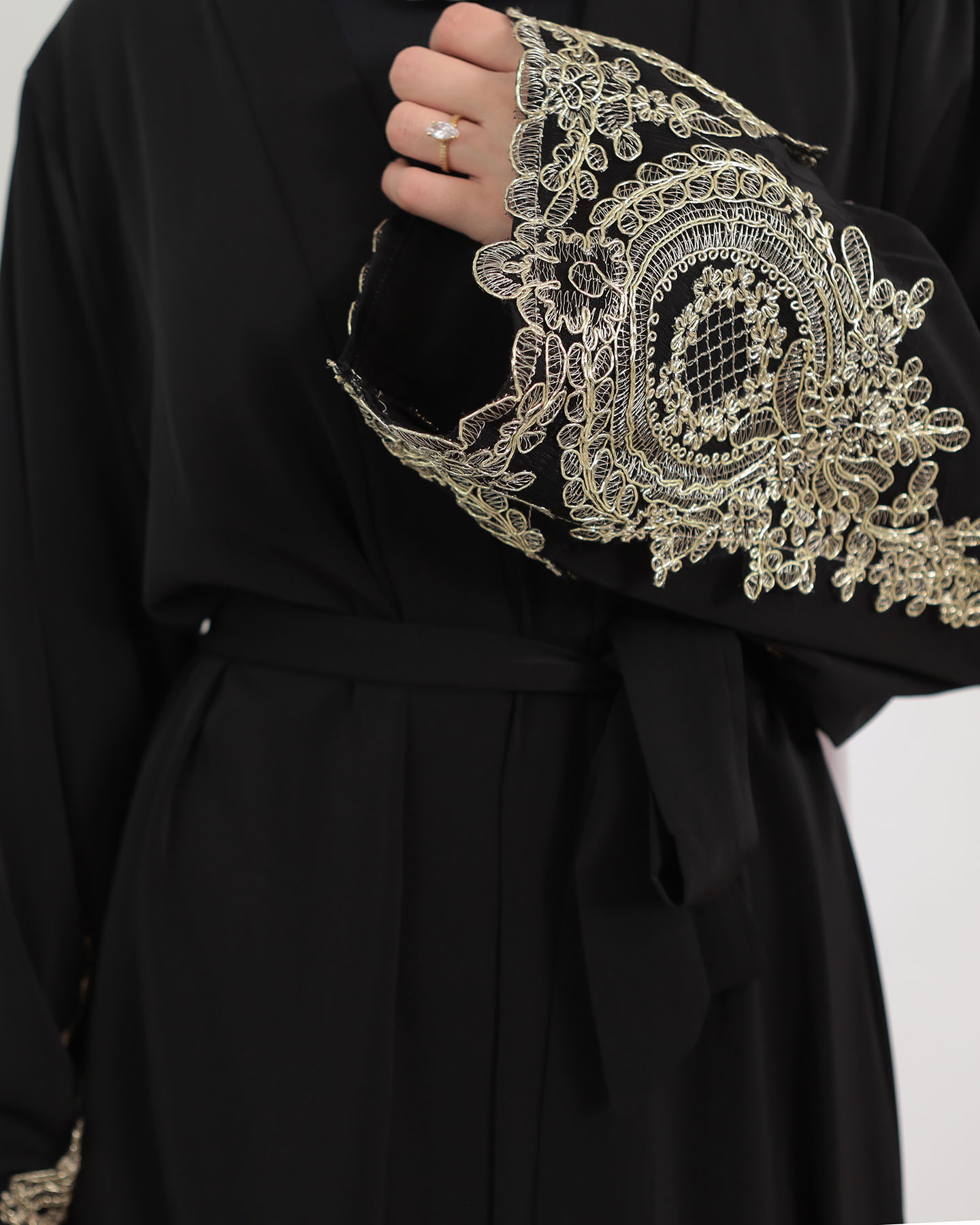 Open Abaya with Lace Embroidery - Black - 4