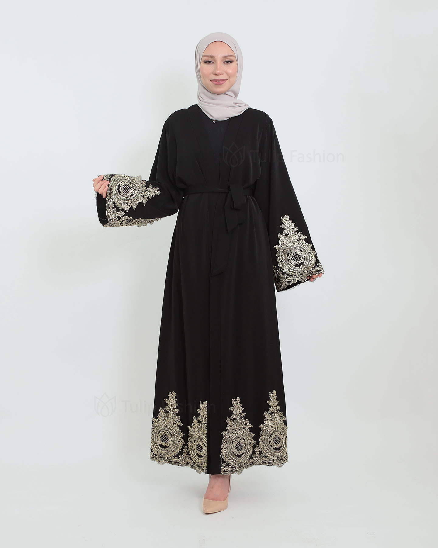 Open Abaya with Lace Embroidery - Black