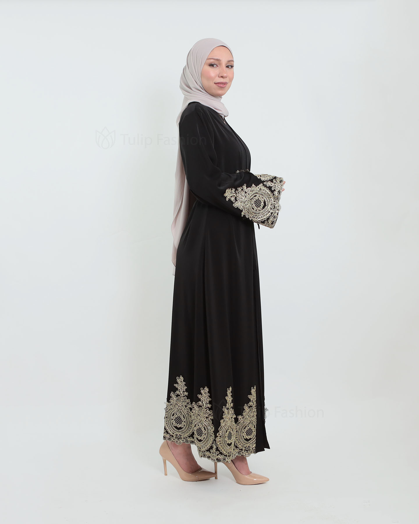 Open Abaya with Lace Embroidery - Black - 2